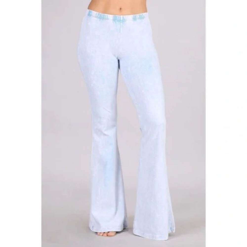 Light Powder Blue Boho Mineral Wash Stretch Flared Bell Bottom Casual Pants - Picture 2 of 6